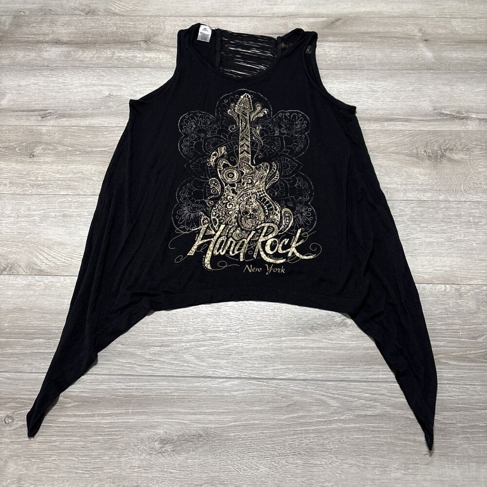 Hard Rock Couture NY Sleeveless Black Gold Silver Guitar Shark Hem Open Back M